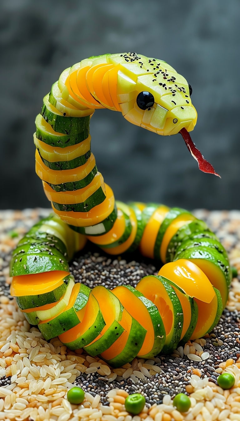 Colorful Fruit and Vegetable Coiled Snake Sculpture Art