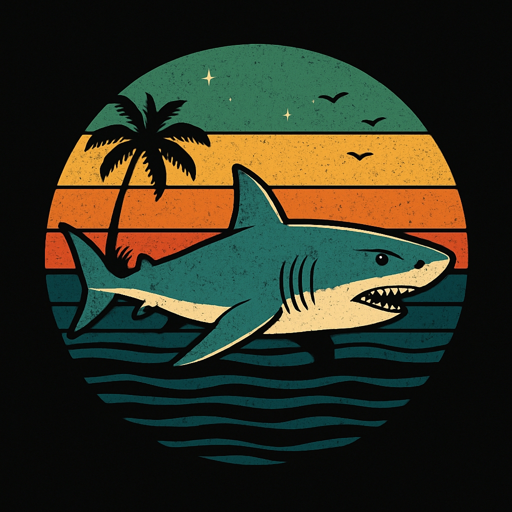 Vintage Teal Shark Illustration on Tropical Sunset T-Shirt