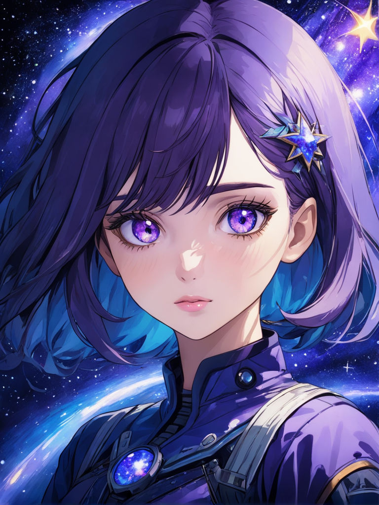 Anime purple hair female character purple space star