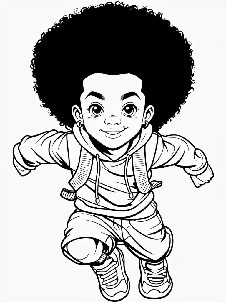 Playful Young Boy with Afro in Hoodie Line Art Coloring Page