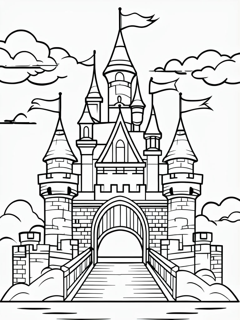 Whimsical Magical Castle Line Art for Coloring Book Pages