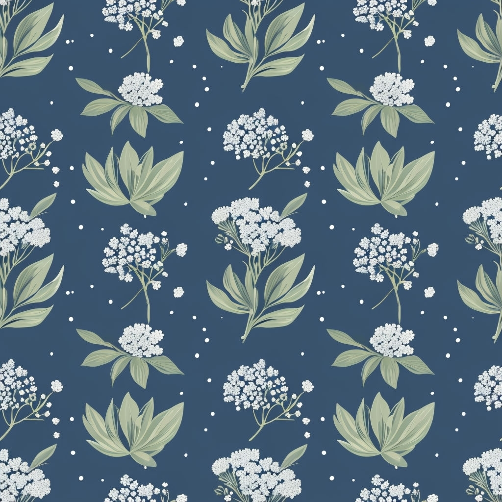 Botanical White Flower and Green Leaf Seamless Pattern Design