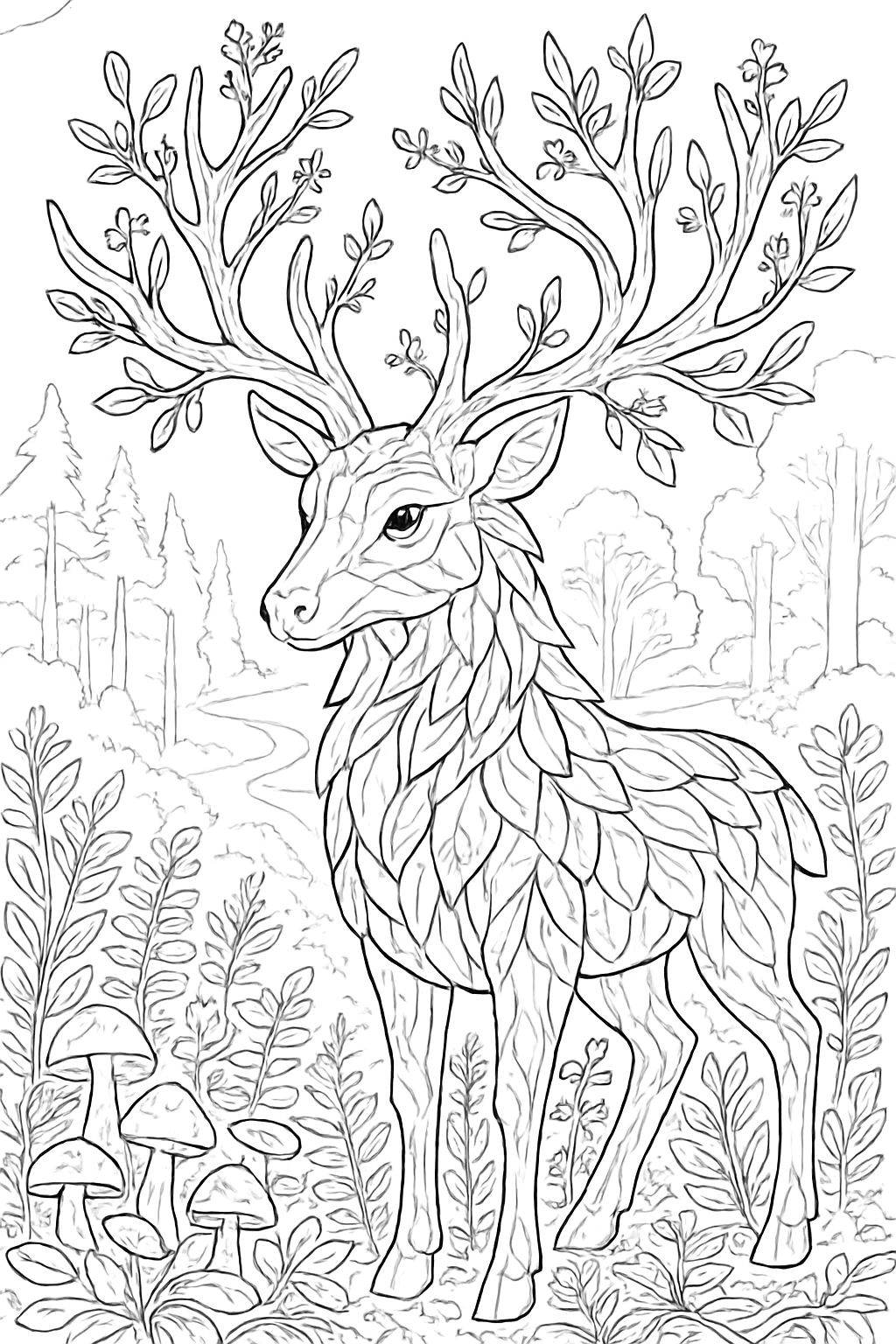 Intricate Black and White Deer in Forest Line Drawing Coloring Book Page