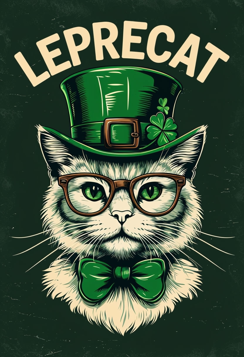 Whimsical Leprechaun Cat Illustration for Festive T-Shirt