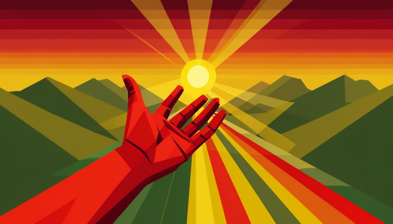 Vibrant Abstract Red Hand Reaching Toward the Sun Background