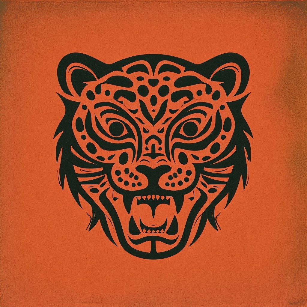 Stylized Jaguar Face in Bold Black Against Burnt Orange Poster
