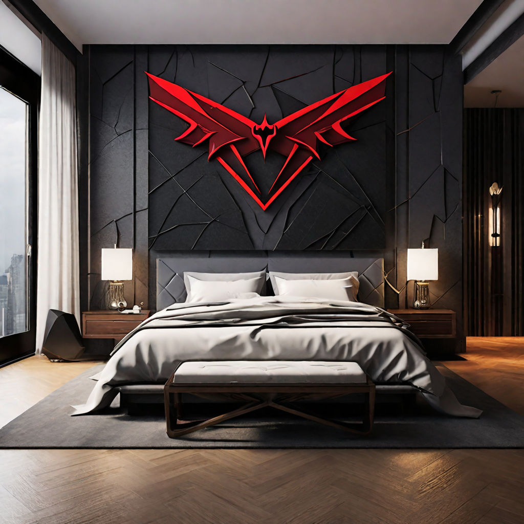 Modernist bedroom with Dracula-dark themed wall decor and he... by ...