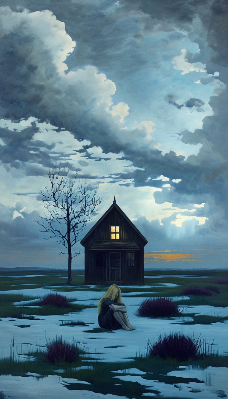Melancholic Scene of a Wooden House and Contemplative Figure Mobile Wallpaper