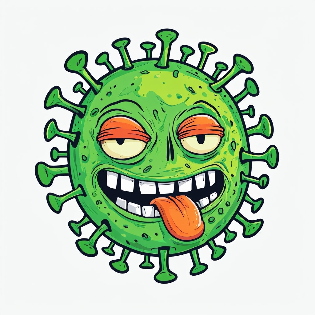 Comical Green Virus Cartoon Illustration with Expression Sticker