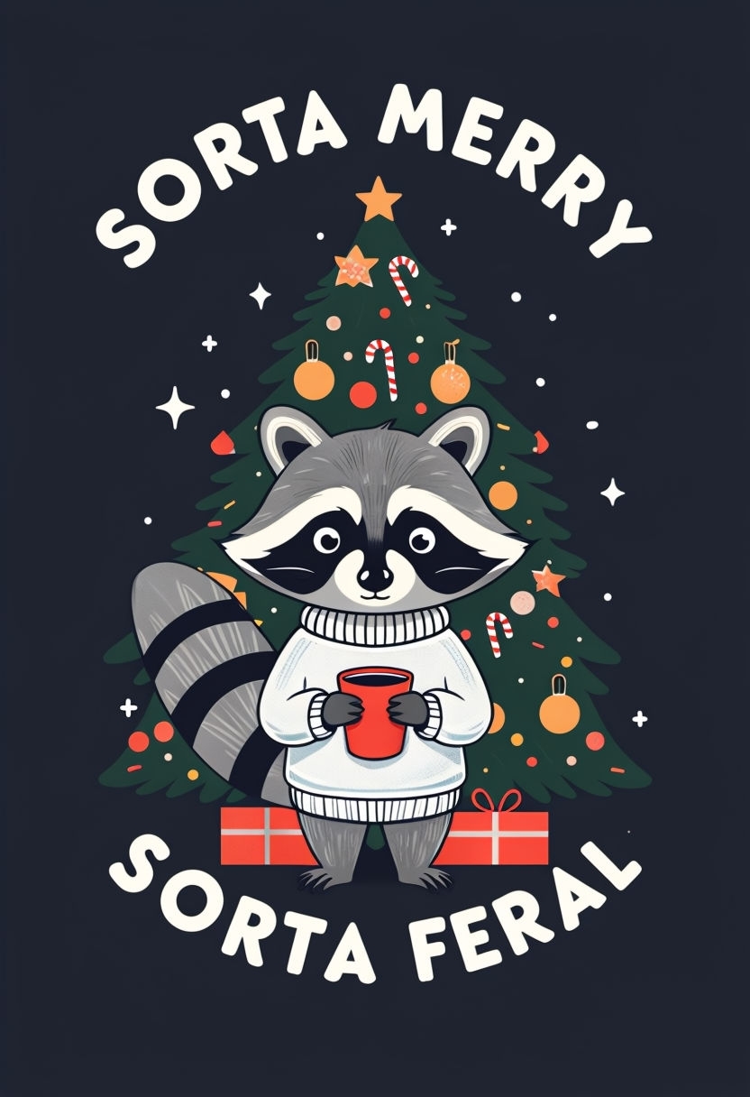 Festive Raccoon with Christmas Tree and 'Sorta Merry' T-Shirt