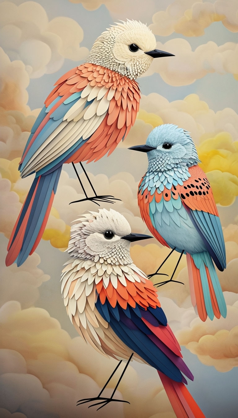 Vibrant Whimsical Birds Against Soft Cloudy Background Mobile Wallpaper