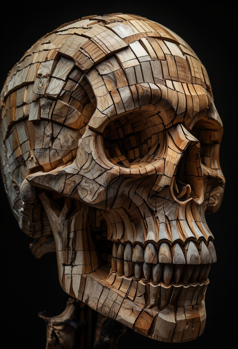 Intricate Wooden Skull Sculpture with Mosaic Detail Art