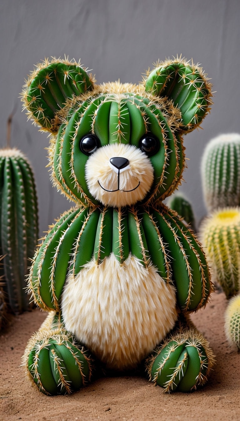 Cactus-Shaped Teddy Bear Surrounded by Natural Habitat Art