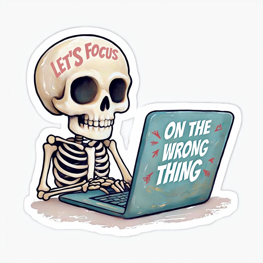 Humorous Skeleton at Laptop with Playful Focus Message Sticker