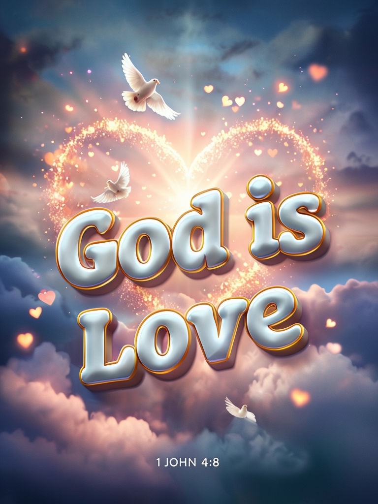 Divine 'God is Love' 3D Text with Hearts and Doves Poster - Playground