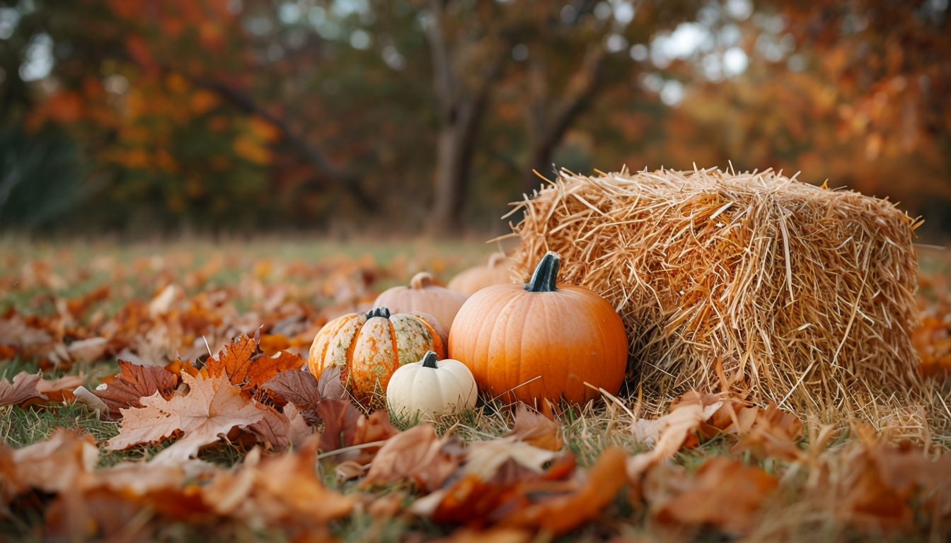 Serene Autumn Pumpkin and Hay Bale Photograph for Fall Decor Poster