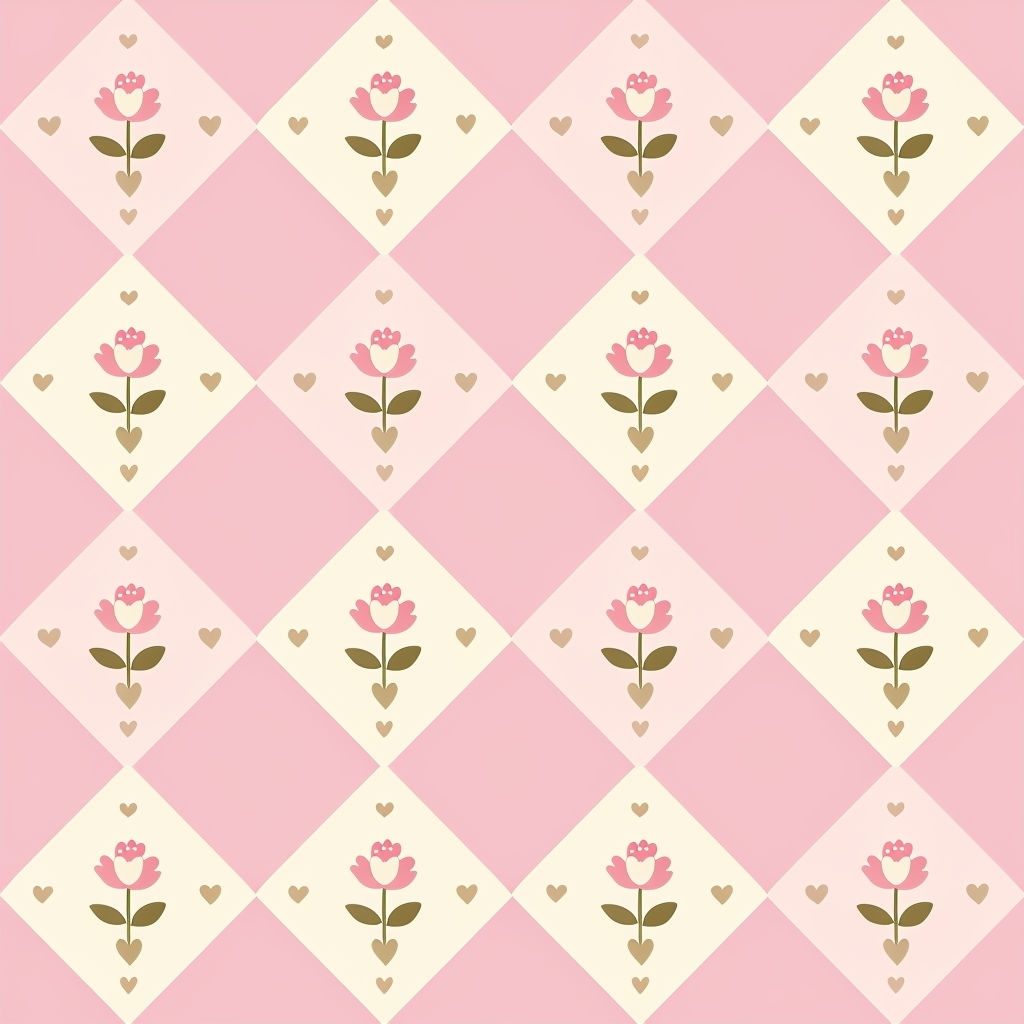 Whimsical Pink Diamond Floral Pattern with Hearts Seamless Pattern