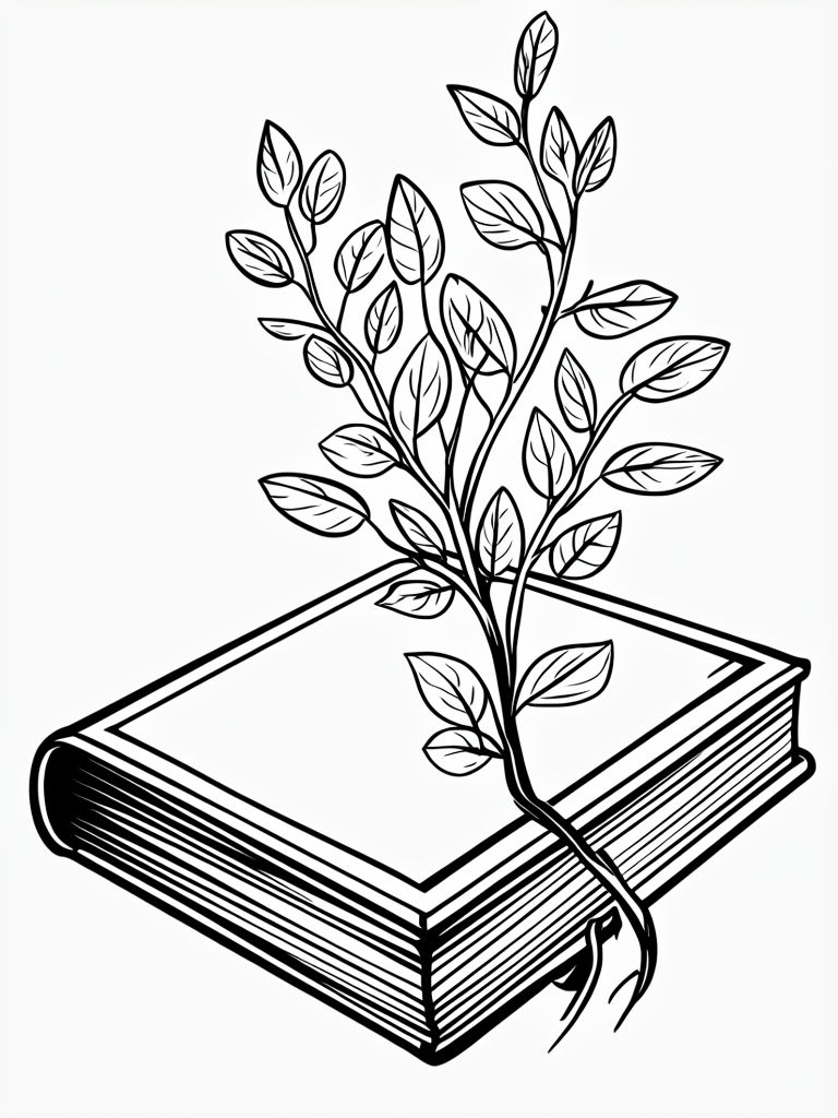 Minimalist Black and White Book with Branching Leaves Illustration Coloring Book Pages
