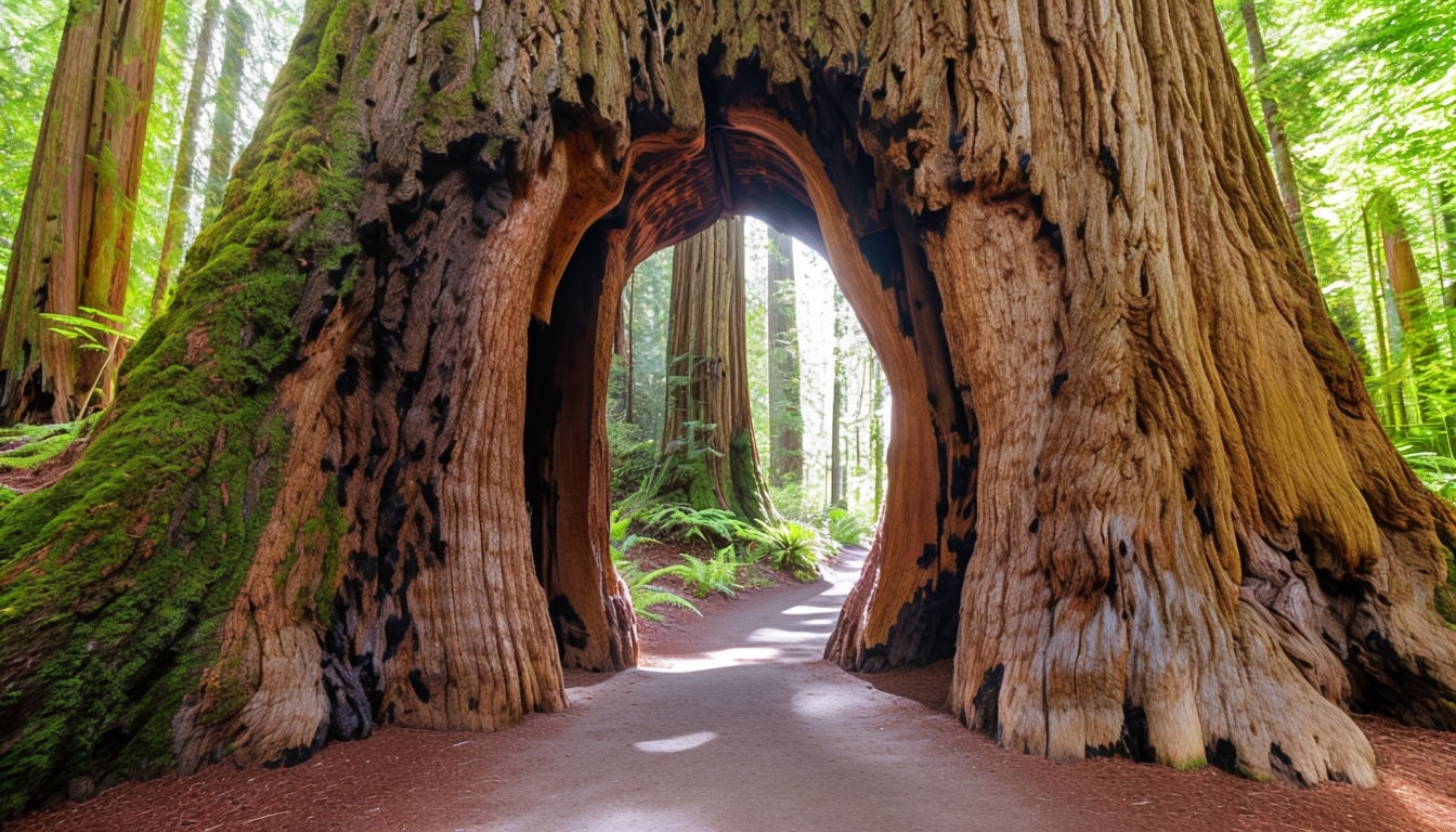 Majestic Redwood Tree Archway Leading to Lush Forest Background