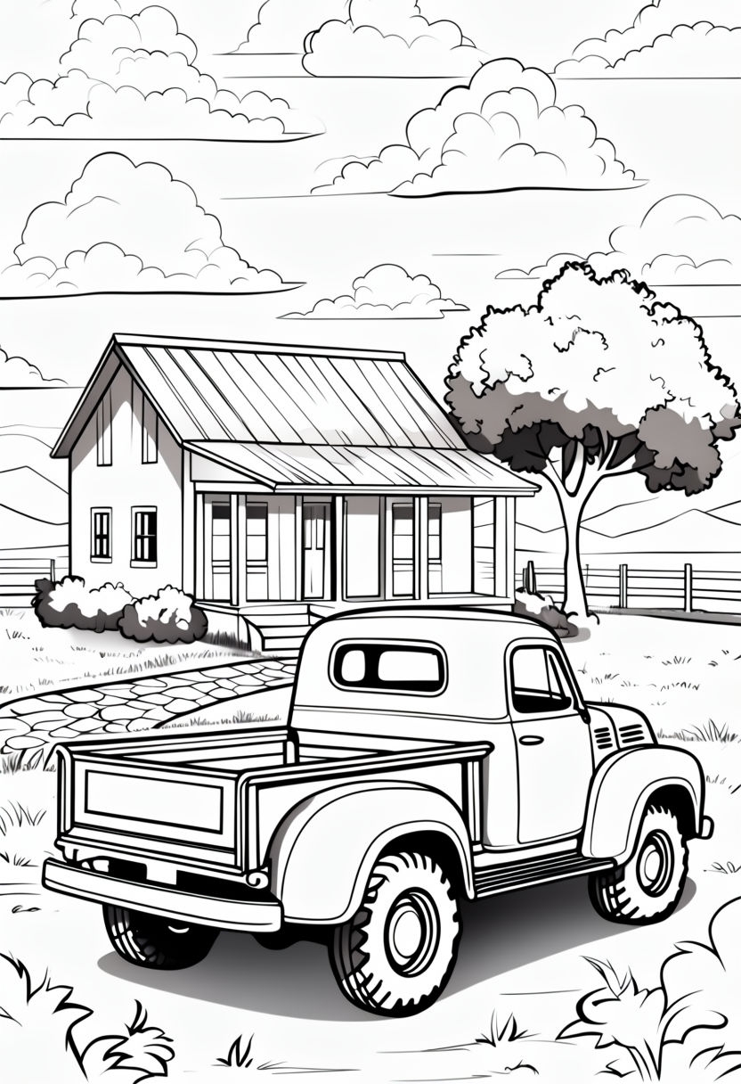 Vintage Rural Scene with Pickup Truck Coloring Book Page