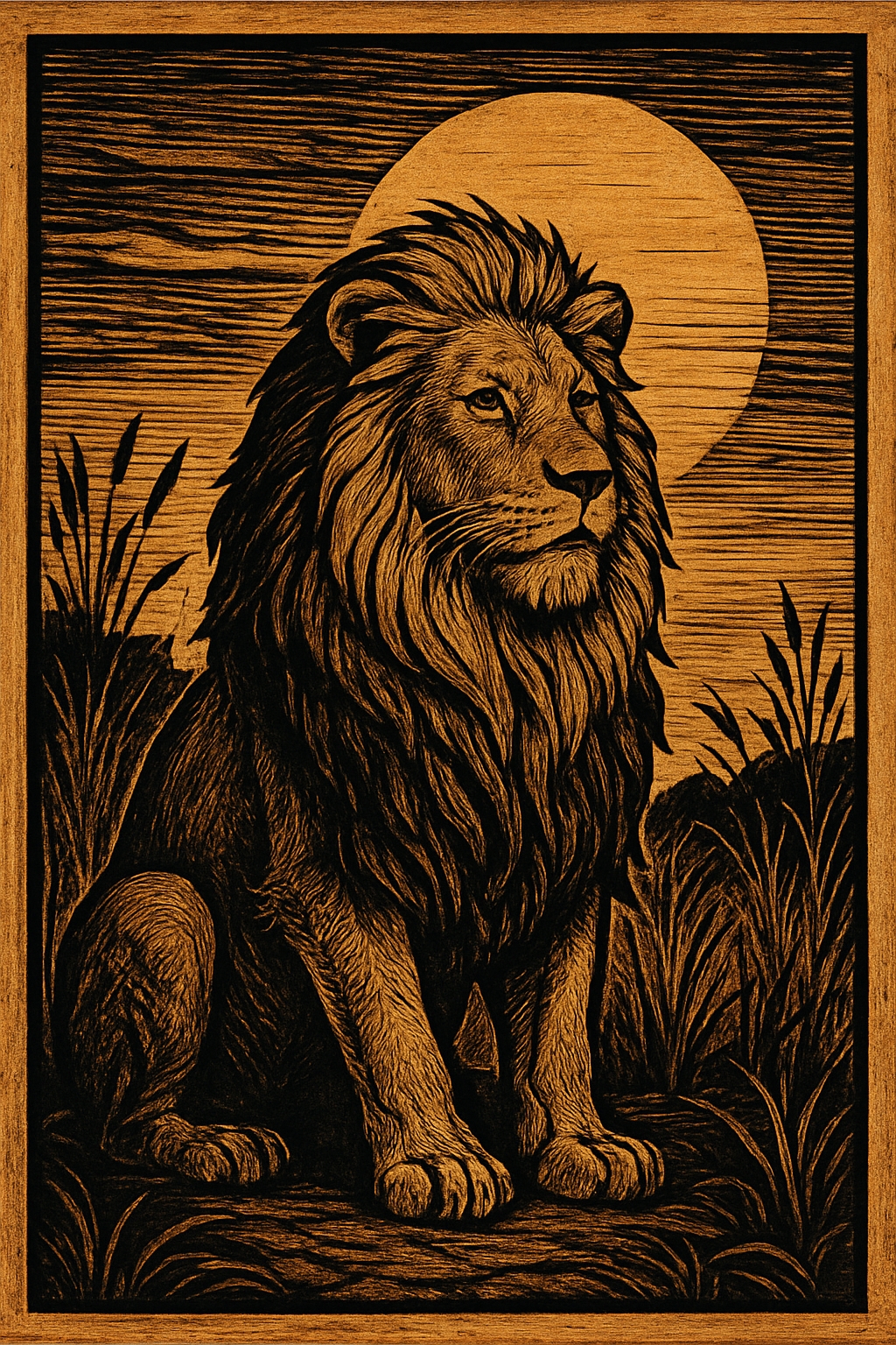 Majestic Lion Woodcut Illustration in Sepia Tone Art