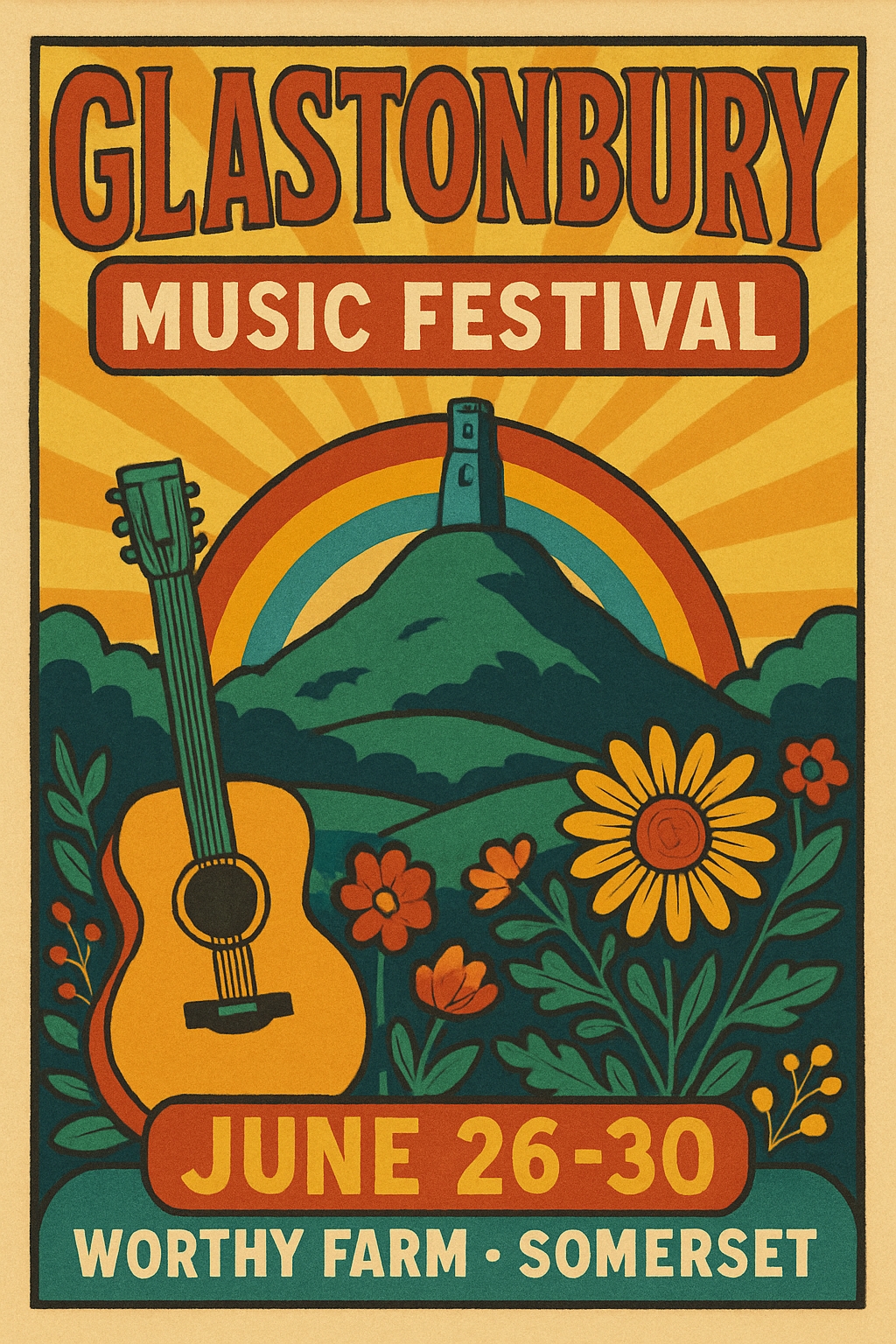 Vintage Glastonbury Music Festival Colorful Vintage Poster