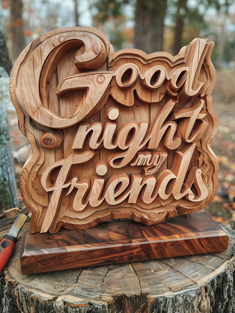 Beautifully Carved Good Night My Friends Wooden Sign Photograph Art