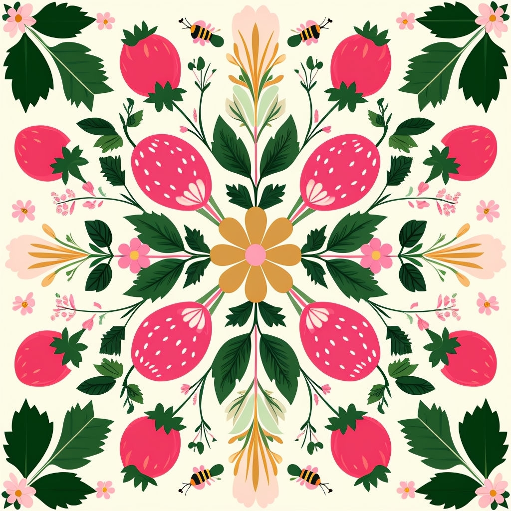 Vibrant Symmetrical Floral Strawberry Pattern Design Seamless Pattern