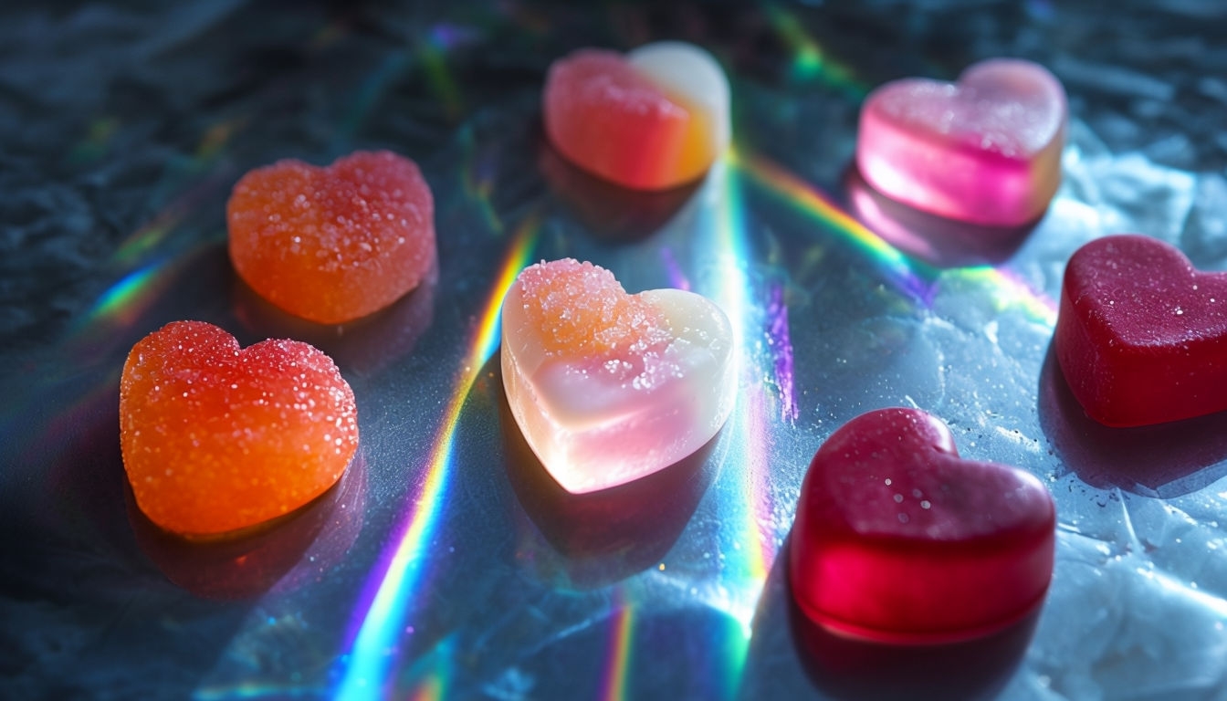 Colorful Heart-Shaped Candies with Prismatic Backgrounds