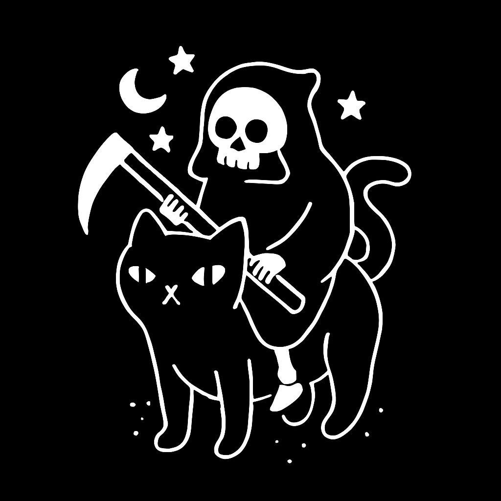 Grim Reaper Riding Black Cat Minimalist Illustration T-Shirt