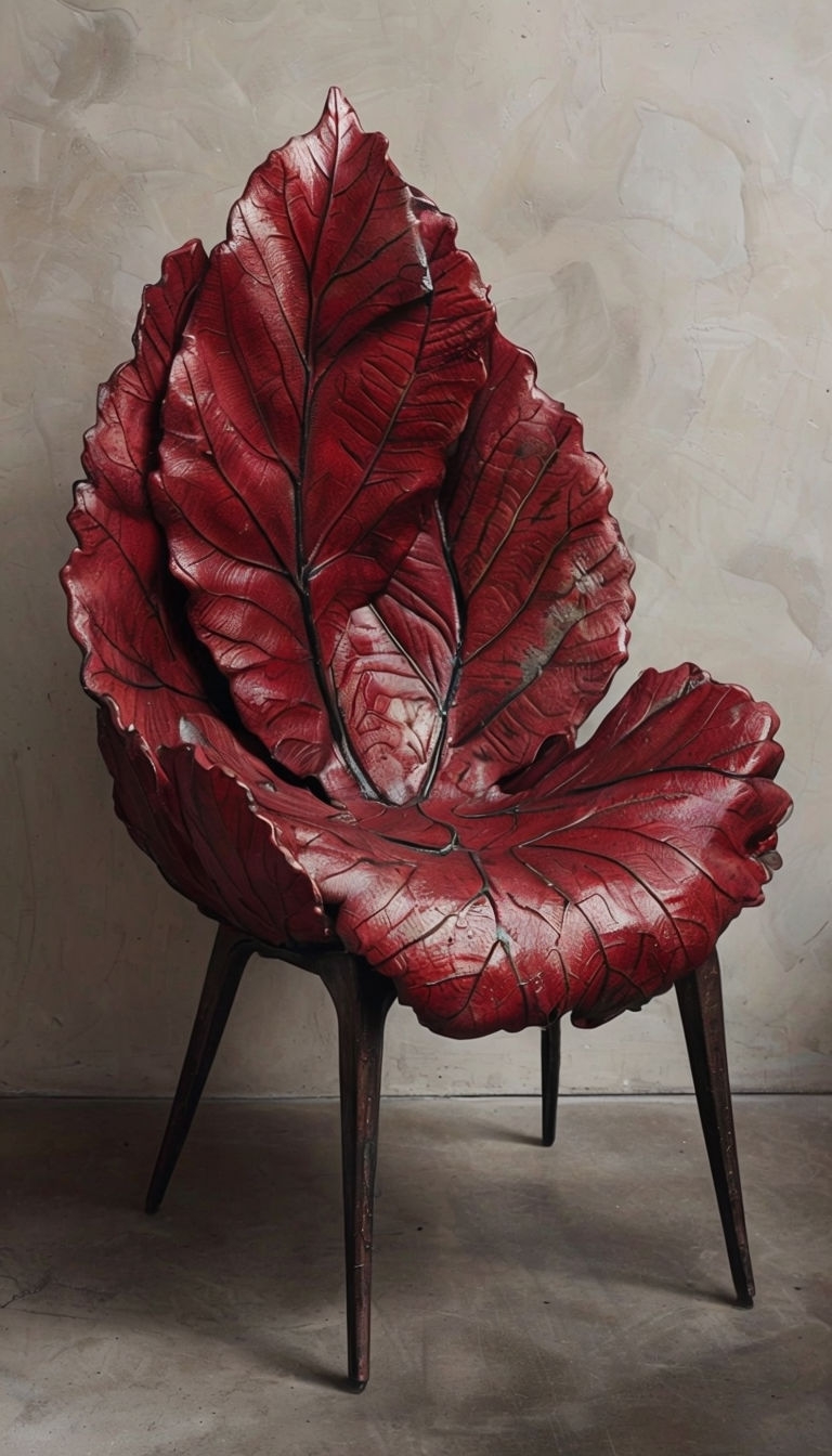 Artistic Deep Red Leaf-Inspired Chair Design Art