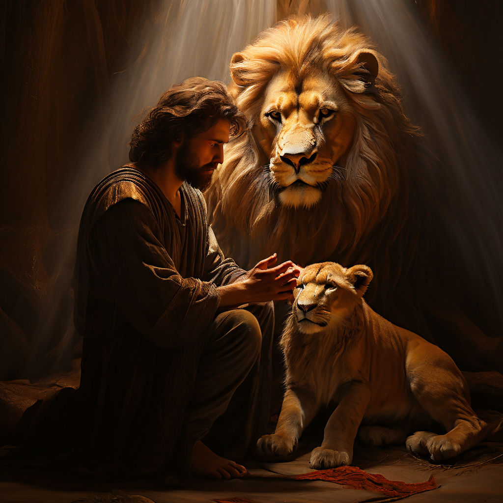 Daniel praying with an angel among the lions by Tamara Oliva - Playground