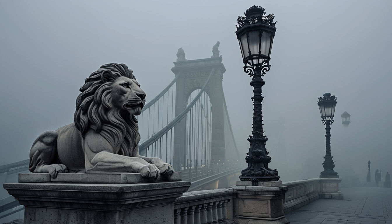 Misty Historic Bridge Scene with Stone Lion Statue Background