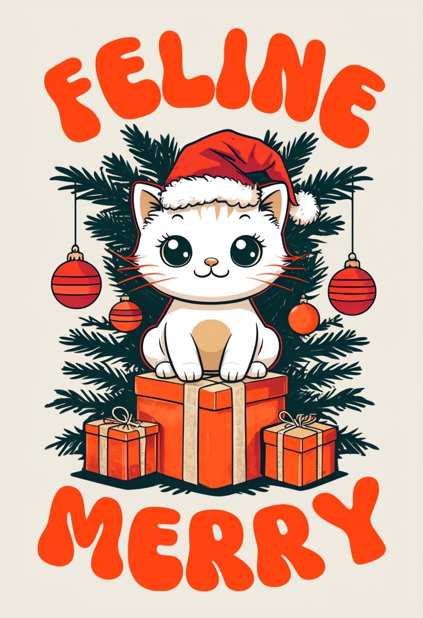 Adorable Feline Merry Christmas Cat Illustration T-Shirt