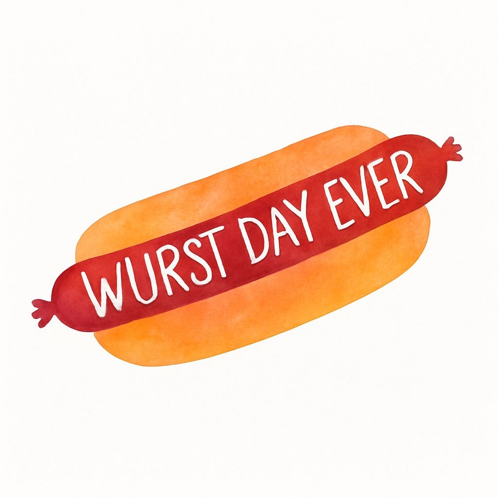 Playful Watercolor Hot Dog Illustration with Wurst Day Ever Text Sticker