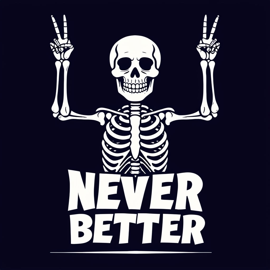 Cheerful Skeleton with Peace Signs and Never Better Text Hat