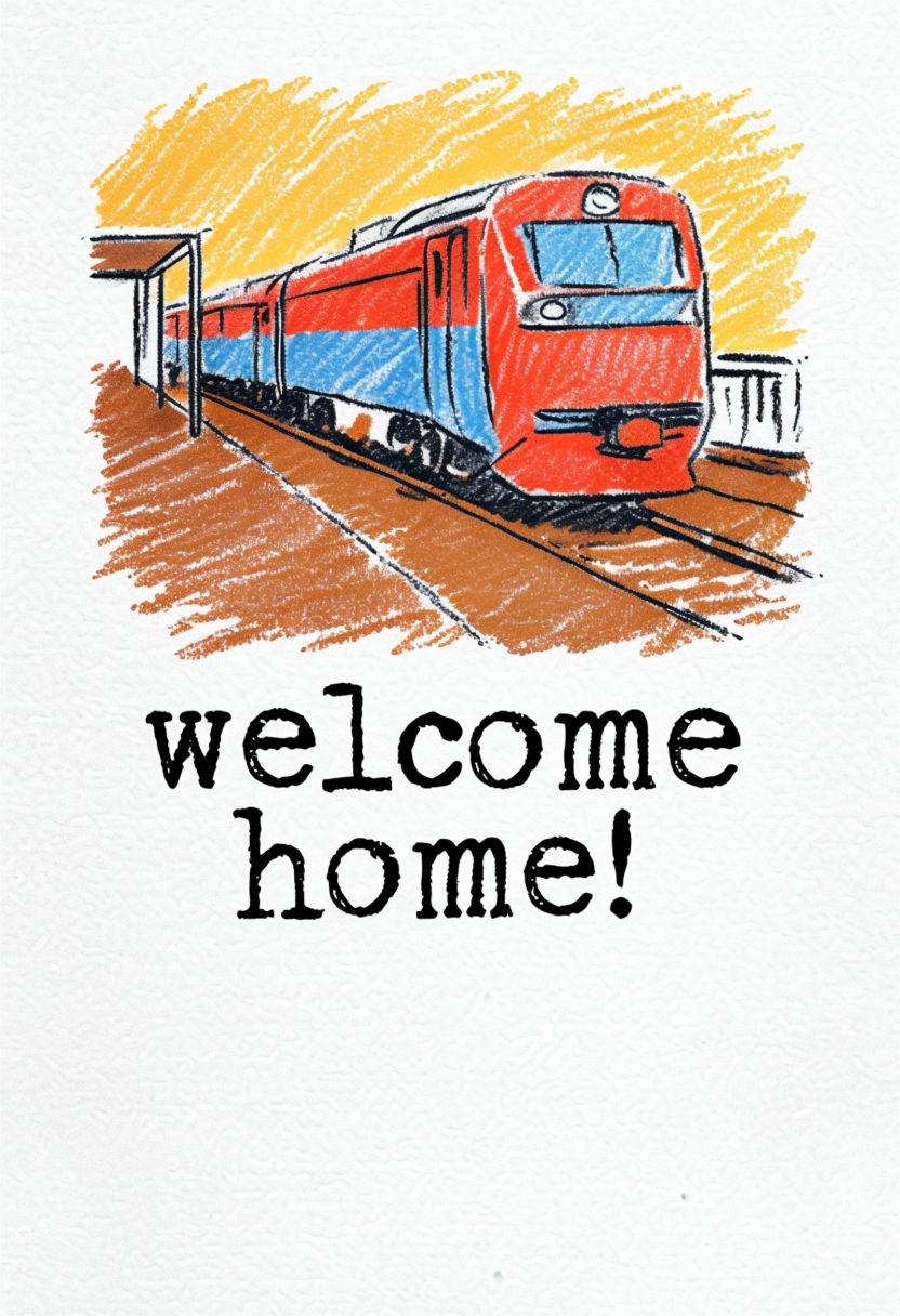Cheerful Hand-Drawn Welcome Home Train Card Illustration