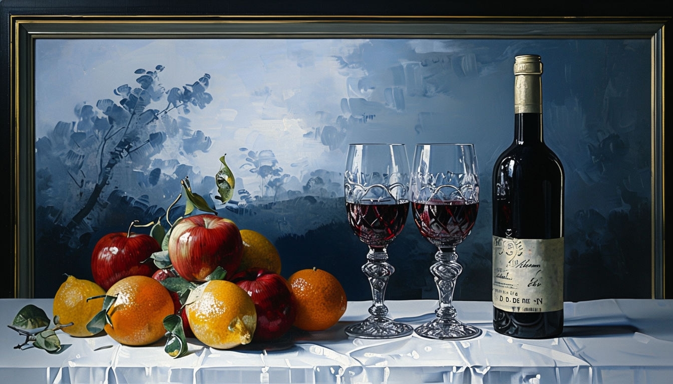 Elegant Still Life Painting of Fruits and Wine Glasses Art