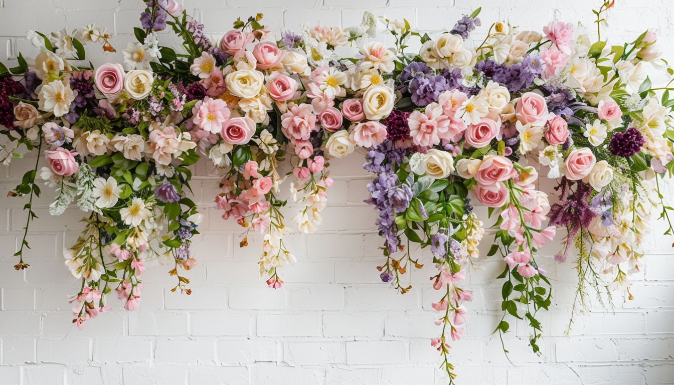 Pastel Floral Wall Arrangement with Roses and Daisies Virtual Background