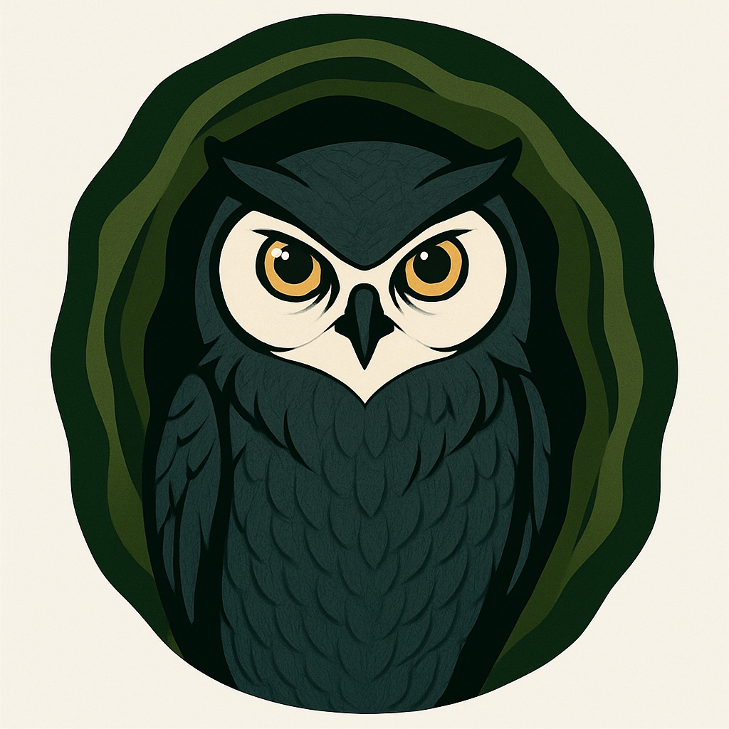 Striking Owl Illustration Surrounded by Forest Green Shapes Sticker