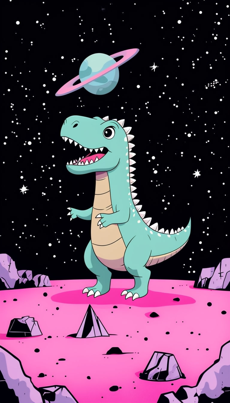 Whimsical Teal Dinosaur on Pink Martian Surface Mobile Wallpaper