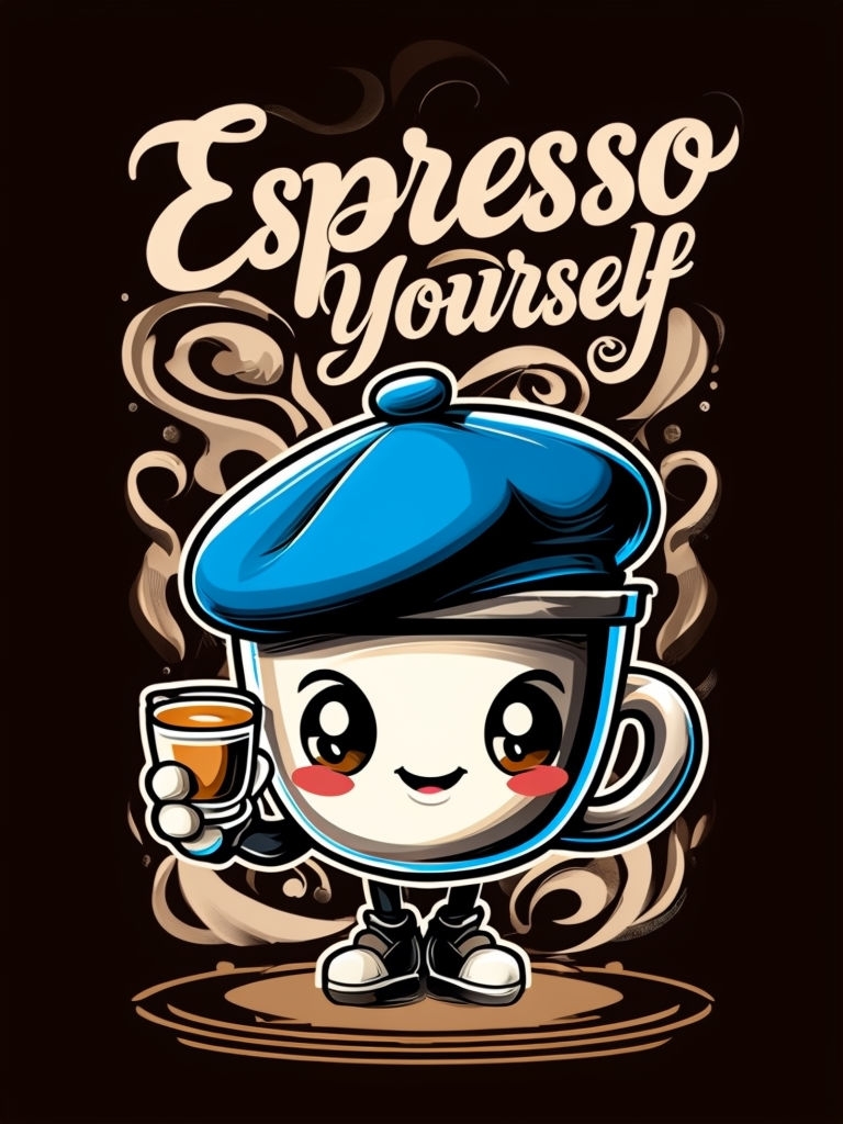 Cheerful Coffee Cup Character with 'Espresso Yourself' Art