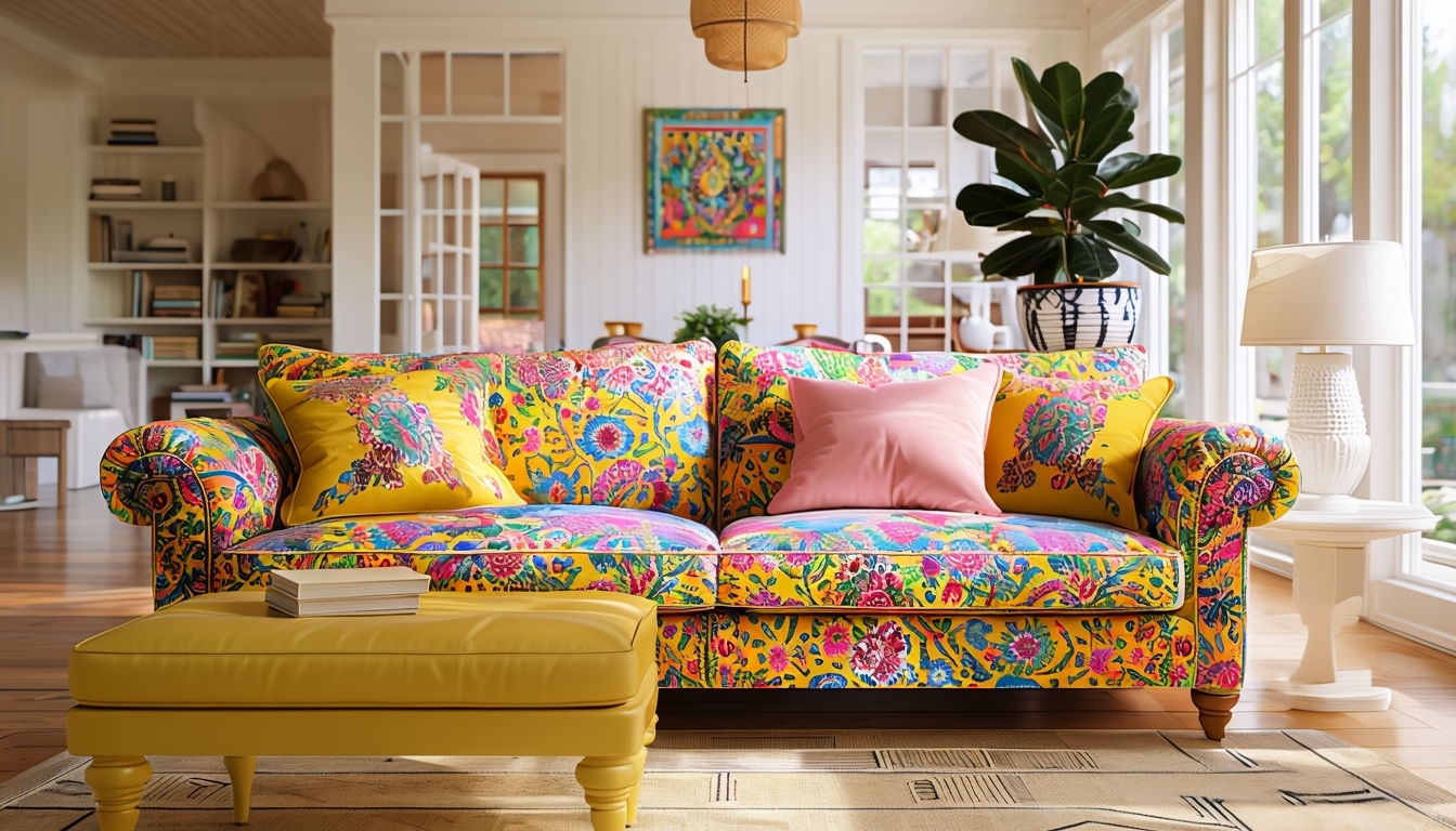 Colorful Floral Sofa Living Room Scene Art for Cozy Home Decor