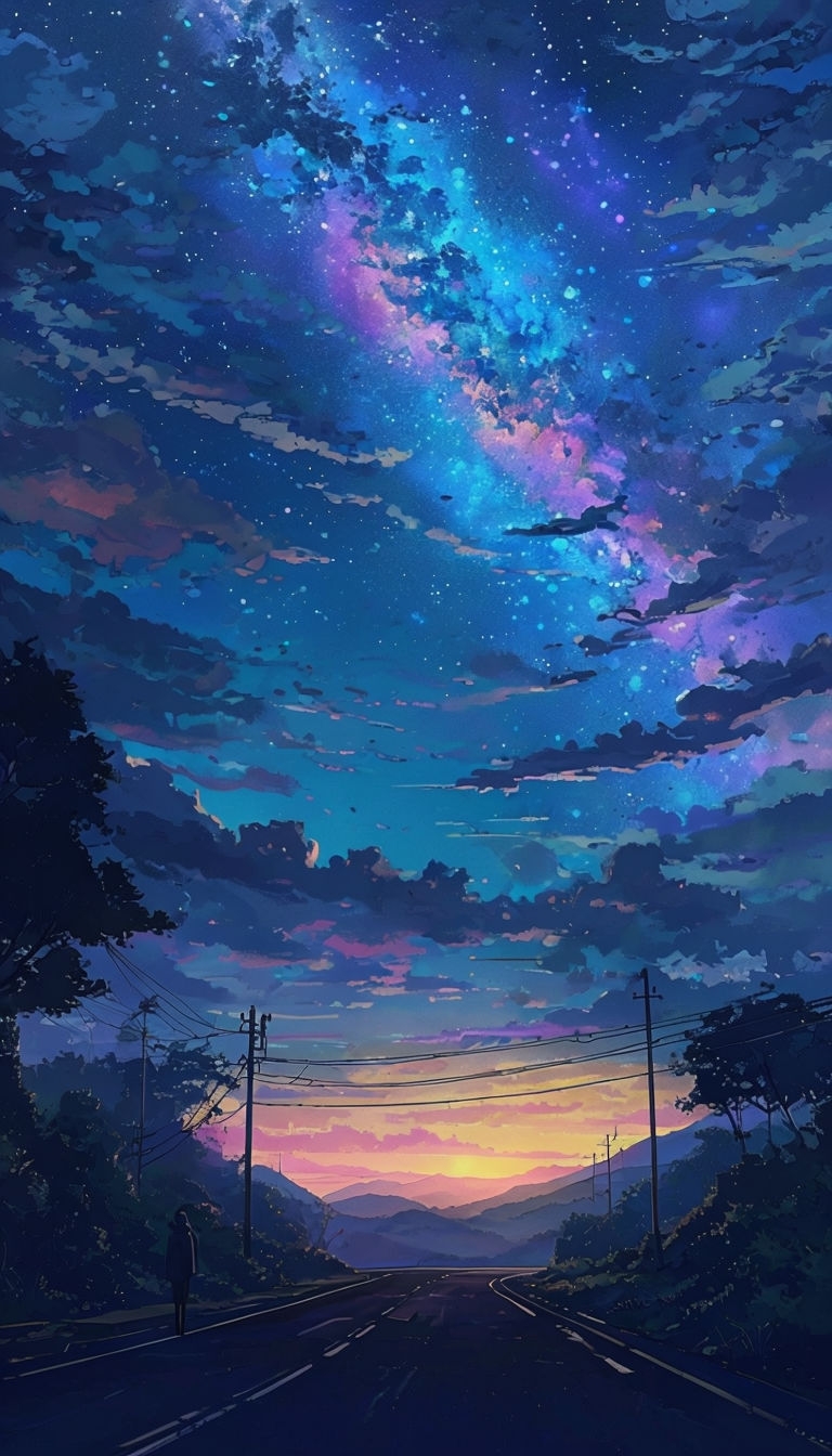 Tranquil Anime Night Road Landscape with Stars and Sunset Mobile Wallpaper