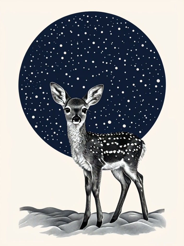 Serene Fawn on Snowy Ground with Starry Background Poster