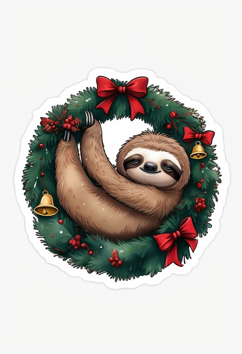 Kawaii Sloth Hanging from Christmas Wreath Sticker