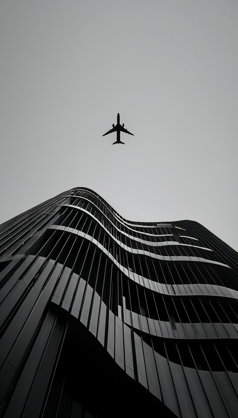 Minimalist Black and White Architecture with Airplane Mobile Wallpaper