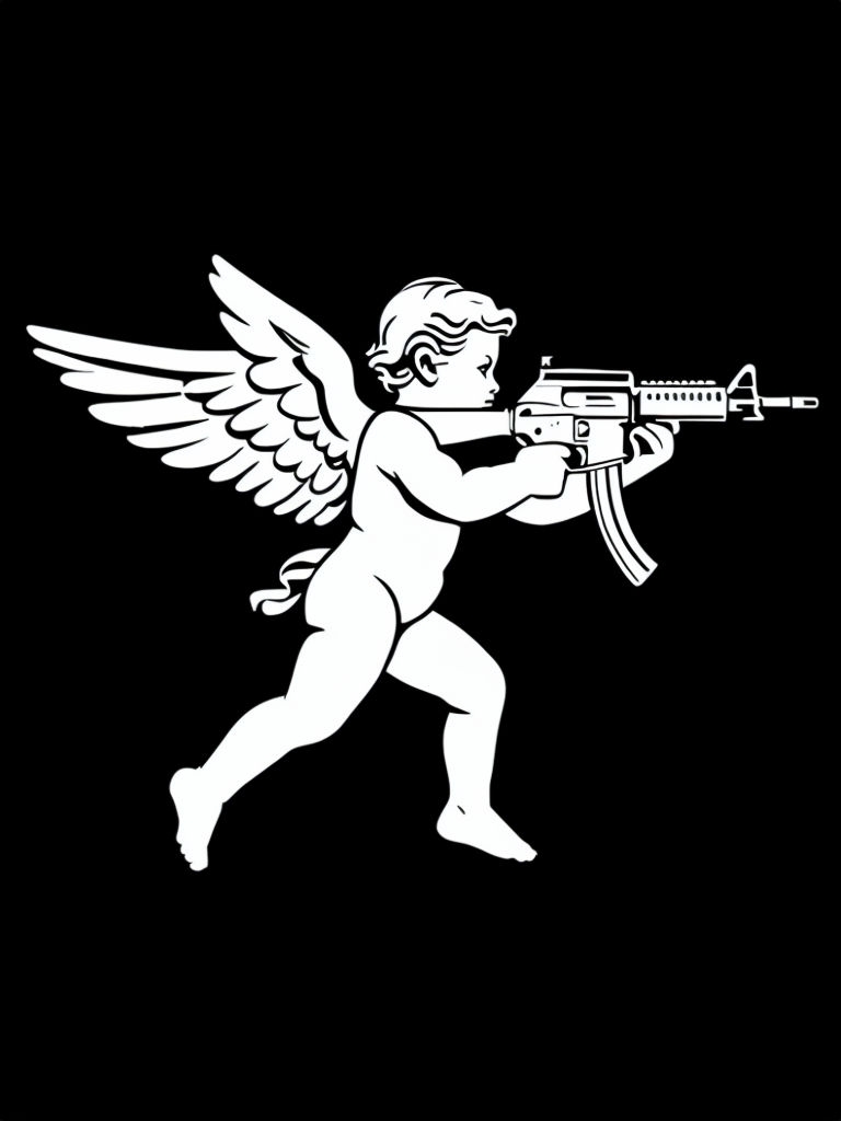 Dynamic White Cherub with Rifle Graphic T-Shirt