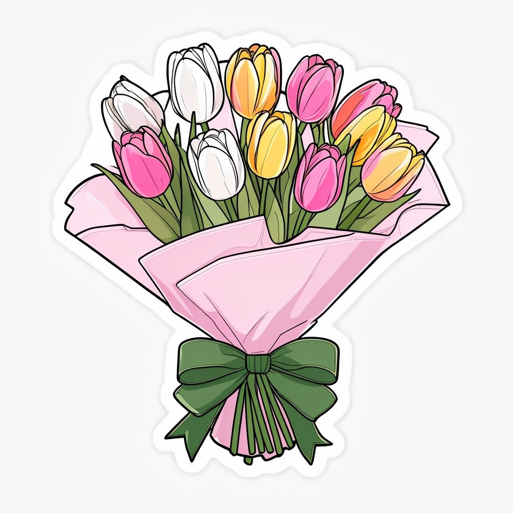 Cheerful Anime Tulip Bouquet Illustration Sticker