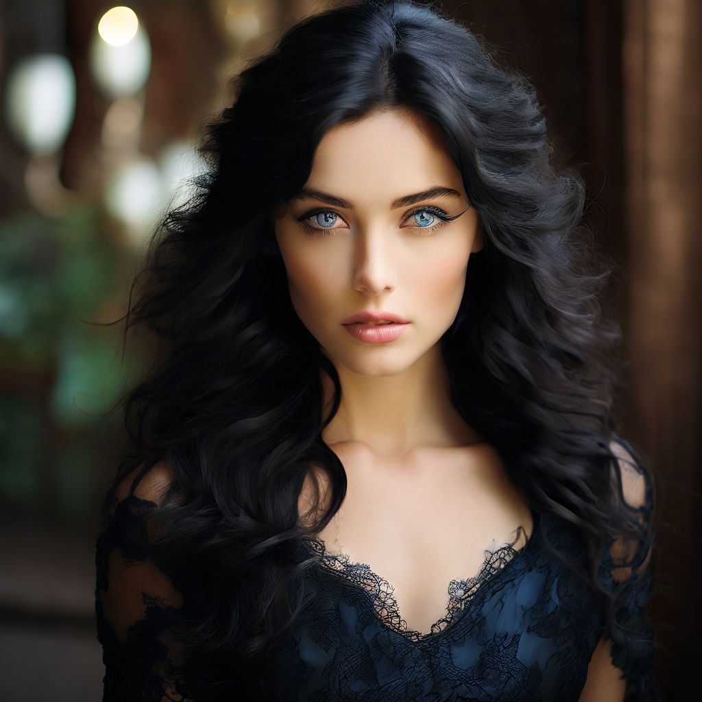 a stunning 22 years-old woman black hair deep blue eyes